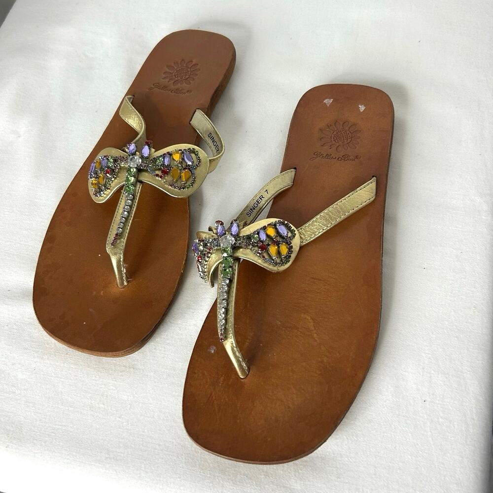 Yellow Box Singer 7 Sandals Dragonfly Rhinestone Gold Thong Flip Flops Boho